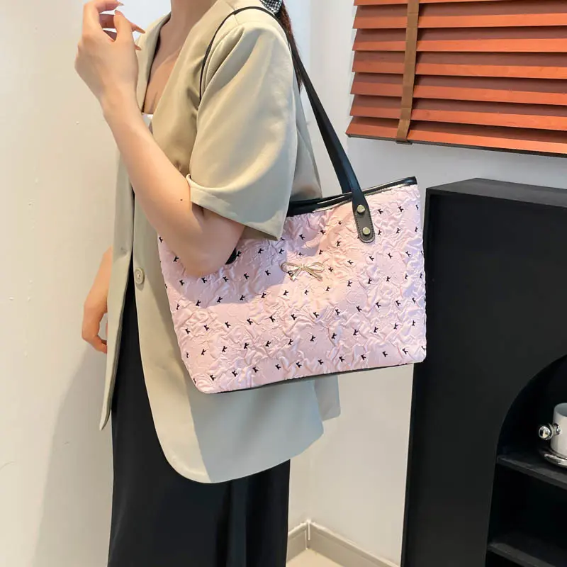 Sweet Bow Print Women's Shoulder Bags Large Capacity Portable Ladies Commuter Tote Bag Casual College Style Female Handbags