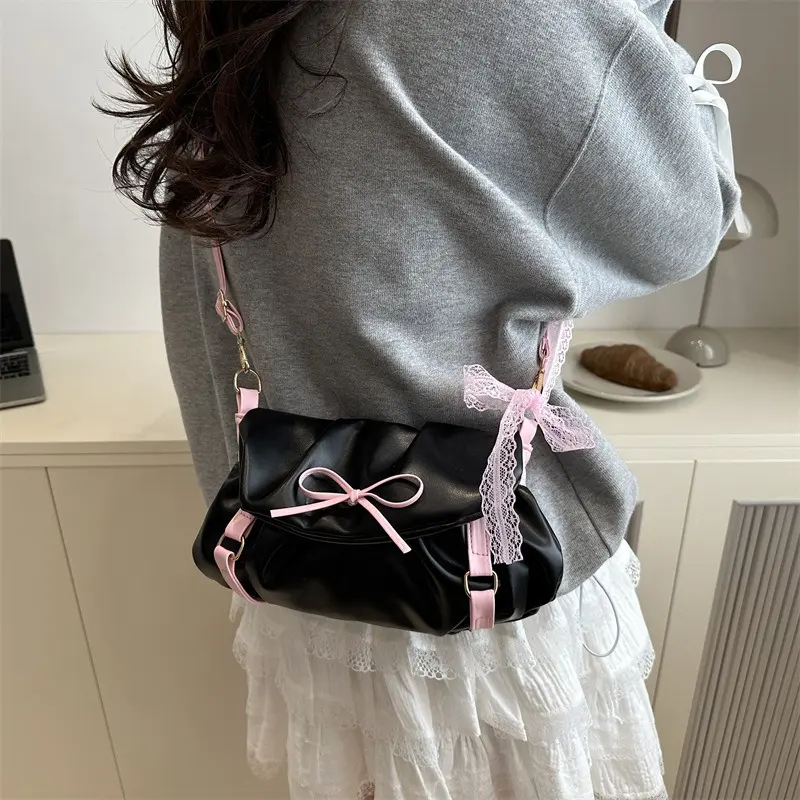 Fashion Ruched Women's Shoulder Bag Sweet Lace Bowknot Girls Crossbody Bags Casual Pu Leather Female Underarm Bag Handbags