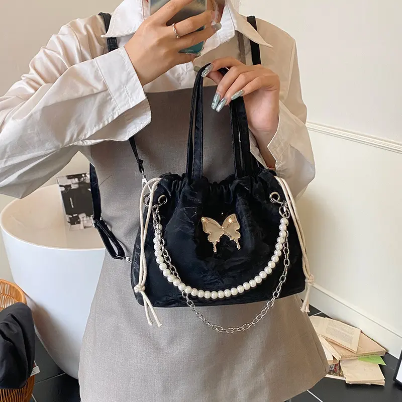 Fashion Butterfly Drawstring Shoulder Bags for Women Casual Soft Leather Ladies Backpack Tote Commuter Girls Pearl Chain Handbag