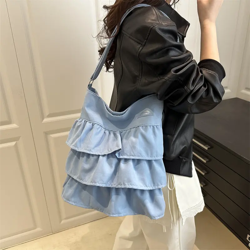 Sweet Ruffles Large Capacity Women Shoulder Bag Simple Solid Color Female Crossbody Bags Casual Commuter Ladies Handbags Tote