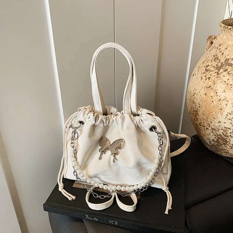 Fashion Butterfly Drawstring Shoulder Bags for Women Casual Soft Leather Ladies Backpack Tote Commuter Girls Pearl Chain Handbag