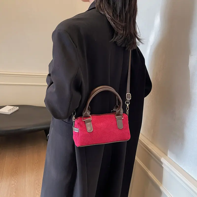 Retro Faux Suede Women's Square Shoulder Bags Fashion Trend Contrast Color Ladies Small Handbags Simple Female Crossbody Bag
