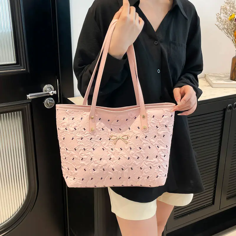 Sweet Bow Print Women's Shoulder Bags Large Capacity Portable Ladies Commuter Tote Bag Casual College Style Female Handbags