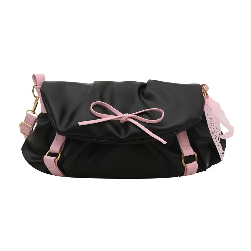 Fashion Ruched Women's Shoulder Bag Sweet Lace Bowknot Girls Crossbody Bags Casual Pu Leather Female Underarm Bag Handbags