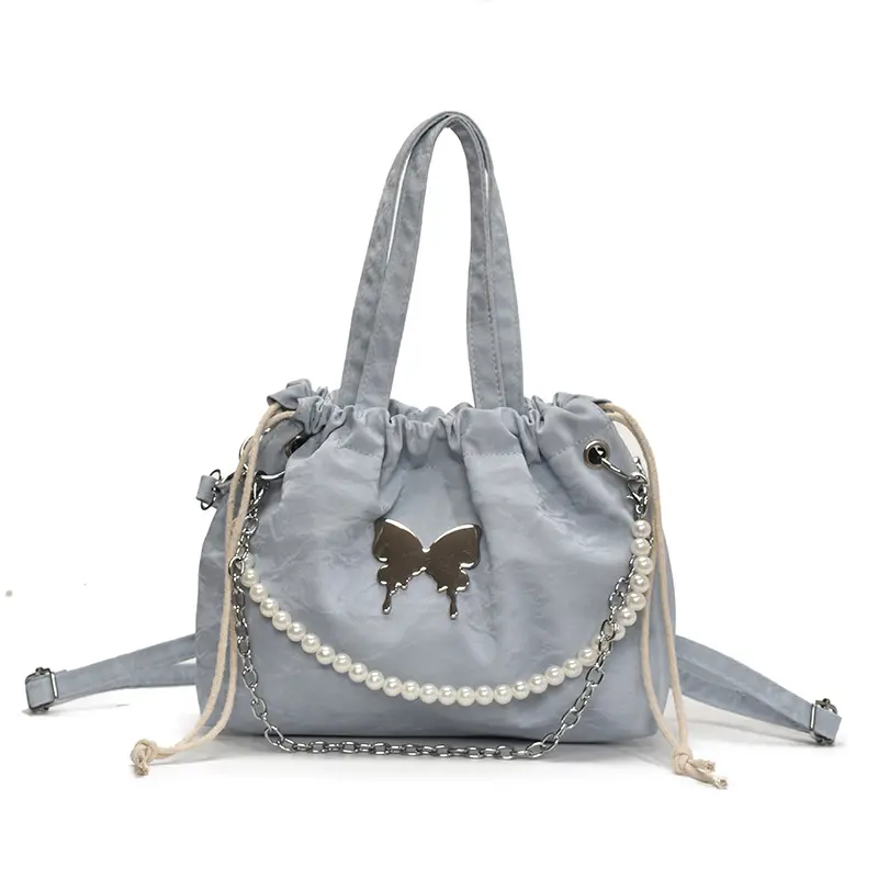 Fashion Butterfly Drawstring Shoulder Bags for Women Casual Soft Leather Ladies Backpack Tote Commuter Girls Pearl Chain Handbag