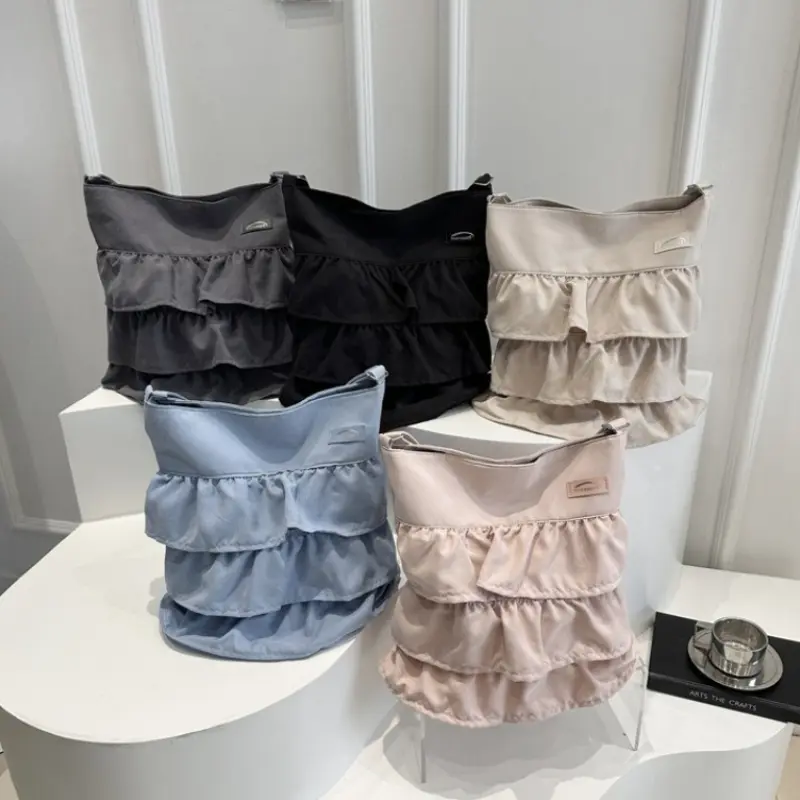 Sweet Ruffles Large Capacity Women Shoulder Bag Simple Solid Color Female Crossbody Bags Casual Commuter Ladies Handbags Tote