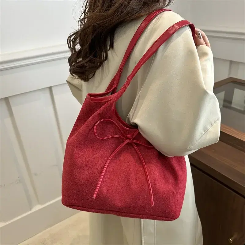 Commuter Ladies Faux Suede Underarm Tote Bag Large Capacity Female Handbags Vintage Fashion Bow Design Shoulder Bags for Women