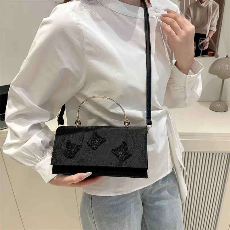 Elegant Butterfly Women Square Shoulder Bag Solid Color Lace Ladies Portable Dinner Handbags Luxury Retro Female Crossbody Bags