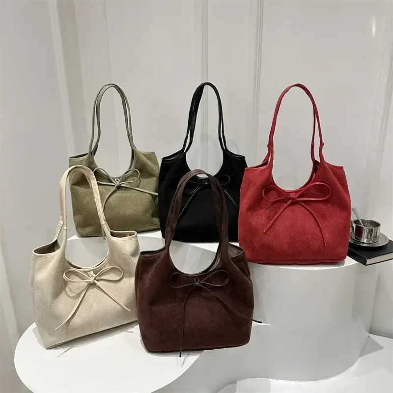 Commuter Ladies Faux Suede Underarm Tote Bag Large Capacity Female Handbags Vintage Fashion Bow Design Shoulder Bags for Women