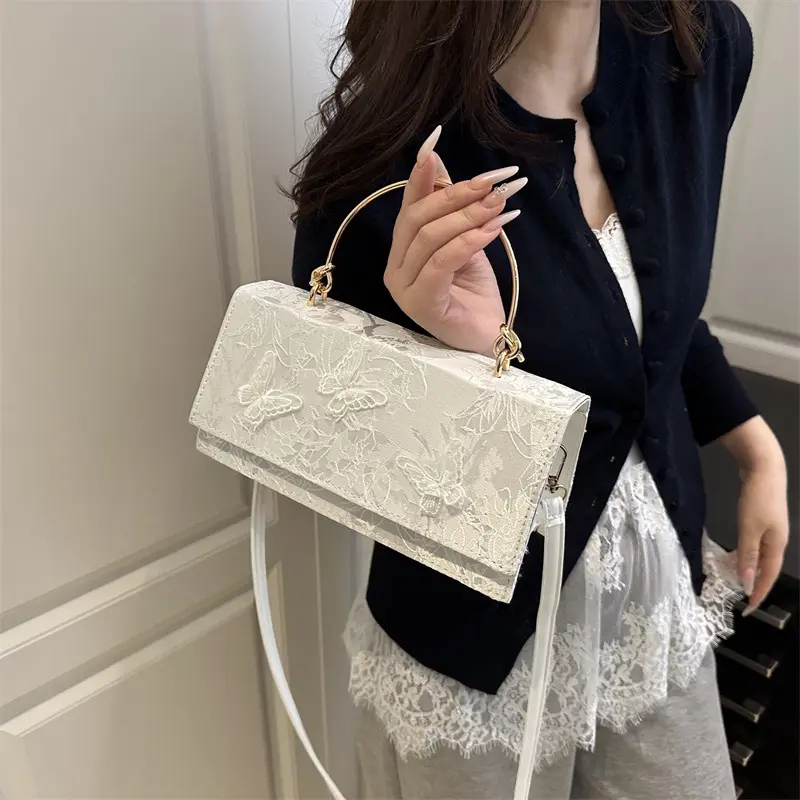 Elegant Butterfly Women Square Shoulder Bag Solid Color Lace Ladies Portable Dinner Handbags Luxury Retro Female Crossbody Bags