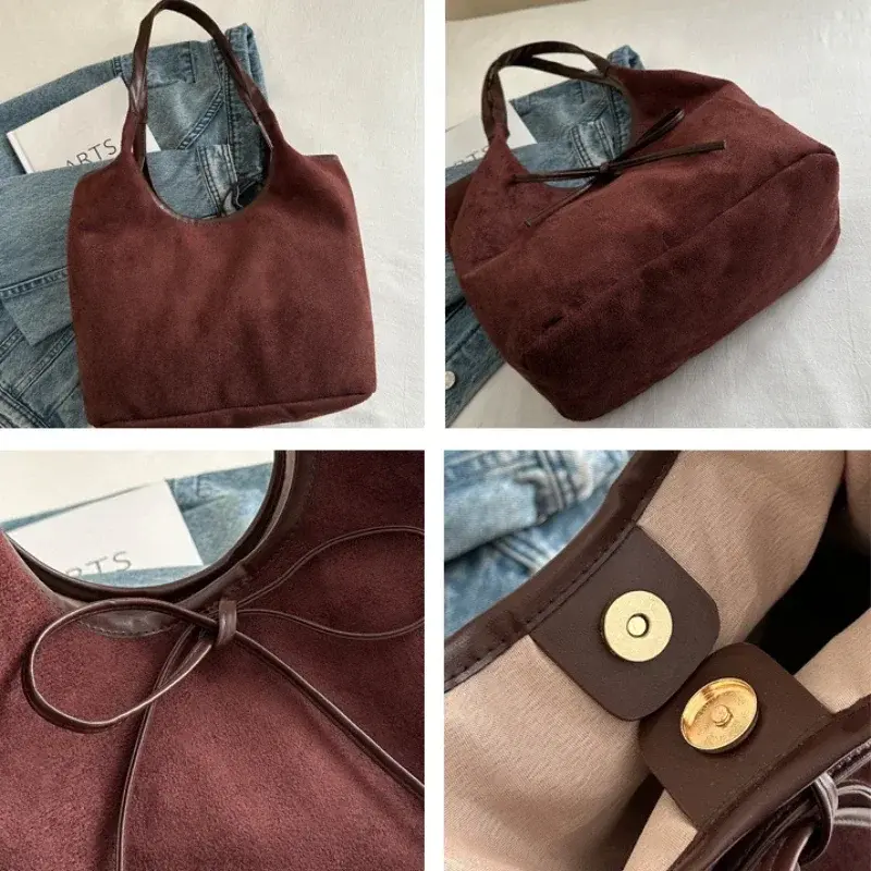 Commuter Ladies Faux Suede Underarm Tote Bag Large Capacity Female Handbags Vintage Fashion Bow Design Shoulder Bags for Women