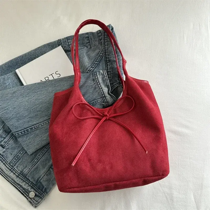 Commuter Ladies Faux Suede Underarm Tote Bag Large Capacity Female Handbags Vintage Fashion Bow Design Shoulder Bags for Women