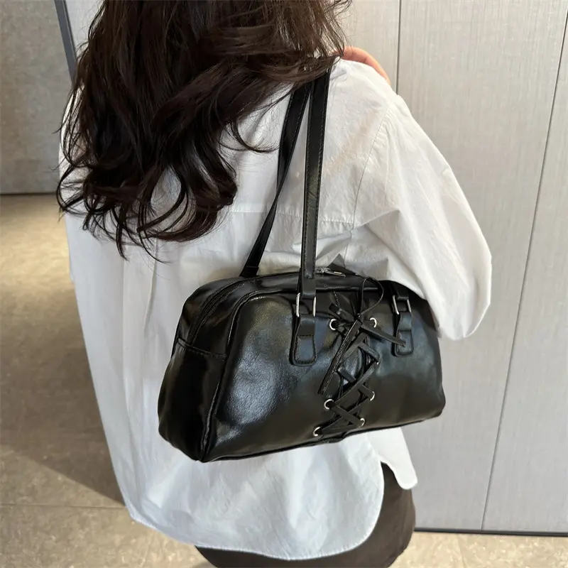 Retro Lace-up Bow Design Shoulder Bags for Women Commuter Ladies Underarm Pillow Bag Solid Color Large Capacity Female Tote