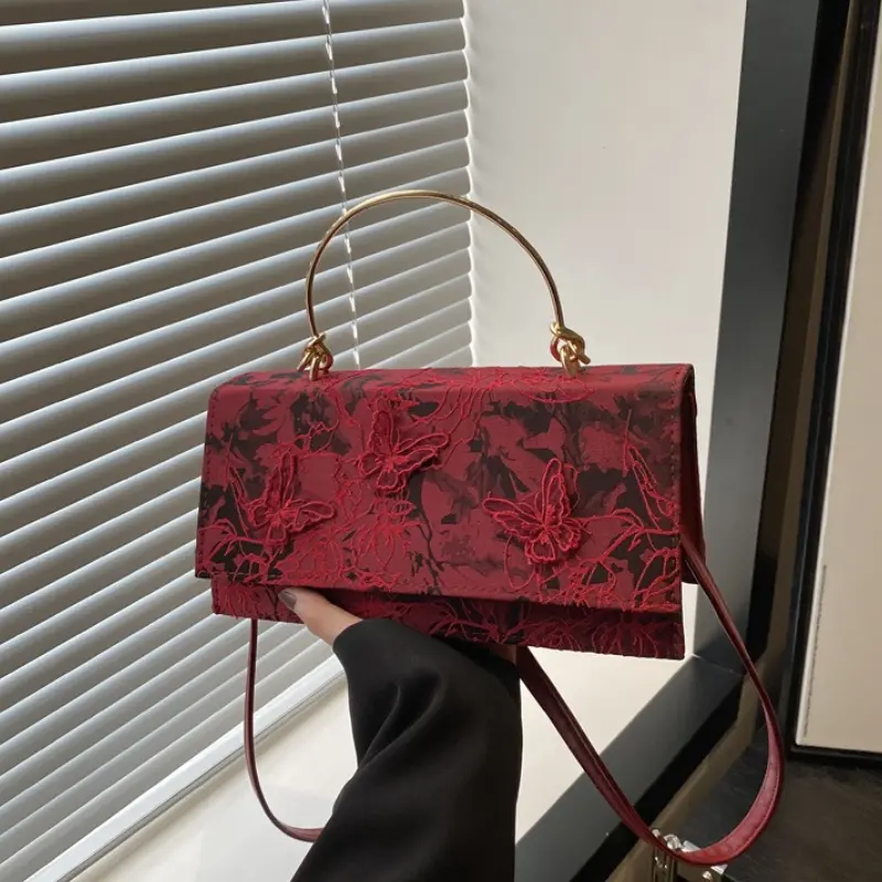 Elegant Butterfly Women Square Shoulder Bag Solid Color Lace Ladies Portable Dinner Handbags Luxury Retro Female Crossbody Bags
