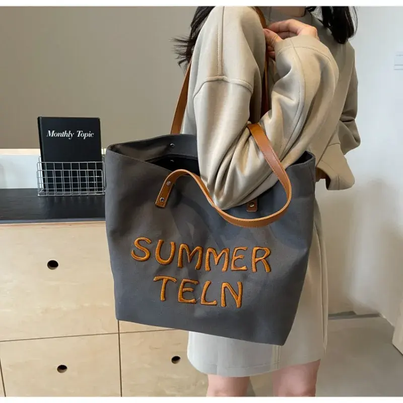 College Girls Female Tote Summer Letter Embroidery Ladies Travel Handbags Simple Large Capacity Women's Canvas Shoulder Bags