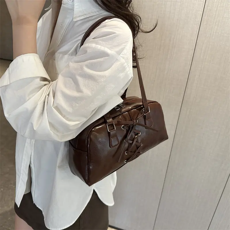 Retro Lace-up Bow Design Shoulder Bags for Women Commuter Ladies Underarm Pillow Bag Solid Color Large Capacity Female Tote