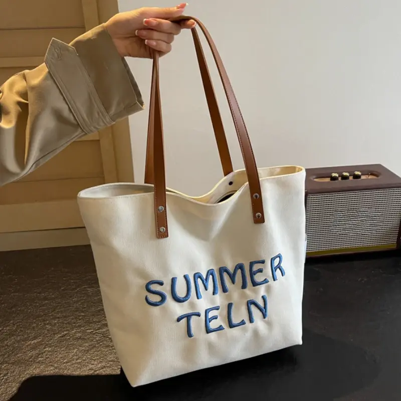 College Girls Female Tote Summer Letter Embroidery Ladies Travel Handbags Simple Large Capacity Women's Canvas Shoulder Bags