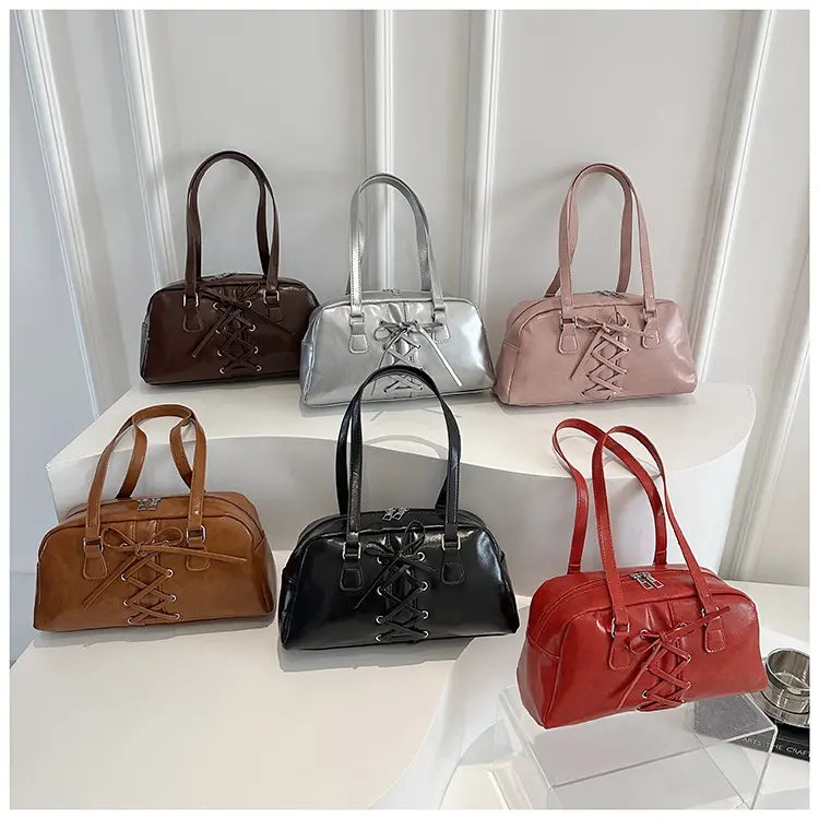 Retro Lace-up Bow Design Shoulder Bags for Women Commuter Ladies Underarm Pillow Bag Solid Color Large Capacity Female Tote