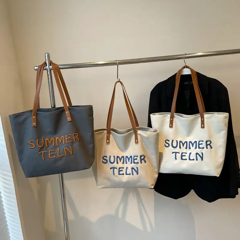 College Girls Female Tote Summer Letter Embroidery Ladies Travel Handbags Simple Large Capacity Women's Canvas Shoulder Bags