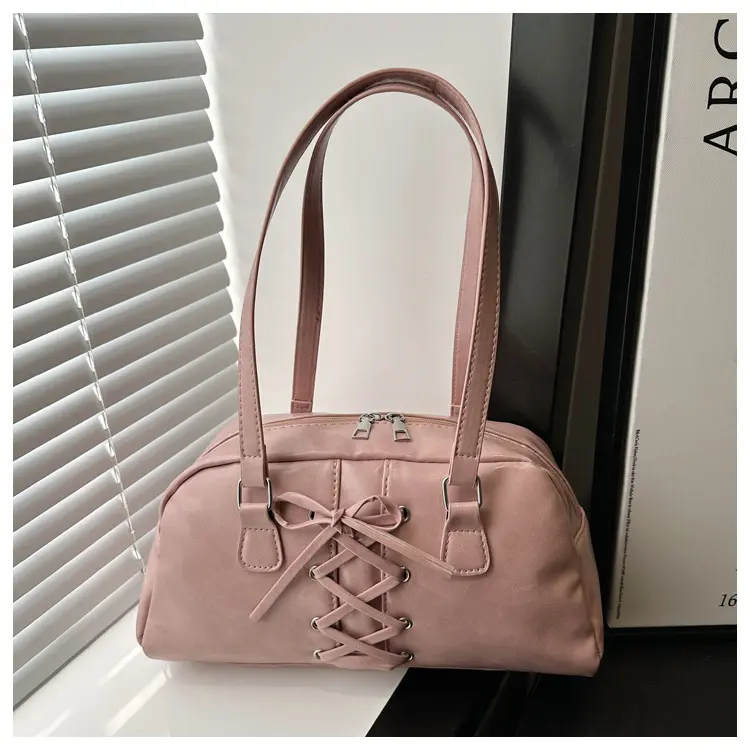 Retro Lace-up Bow Design Shoulder Bags for Women Commuter Ladies Underarm Pillow Bag Solid Color Large Capacity Female Tote