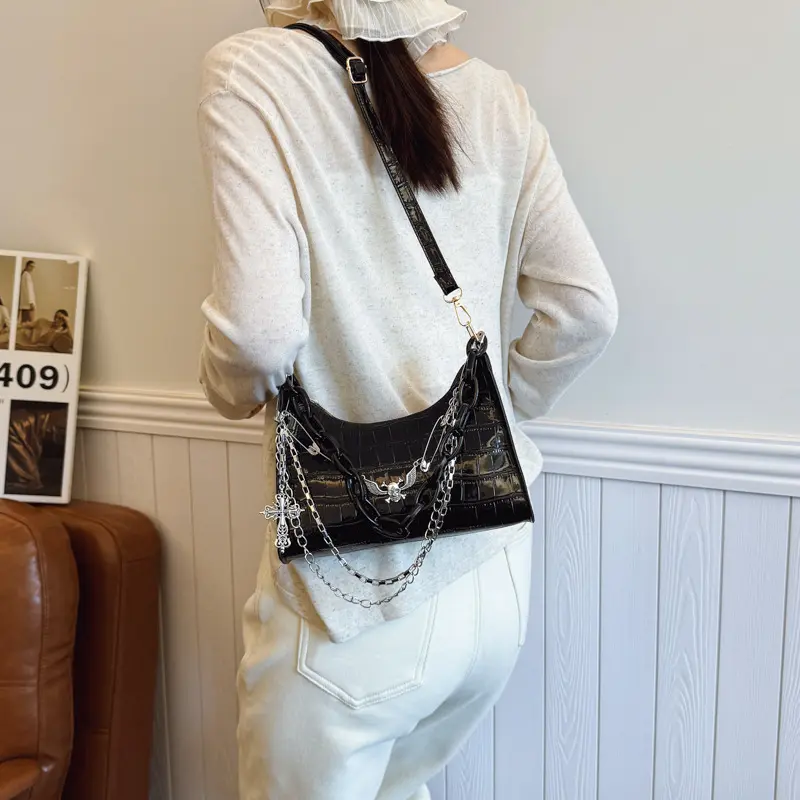 Y2K Cool Hot Girls Underarm Bags Purse Retro Punk Style Women Shoulder Handbags Chain Pu Leather Ladies Phone Crossbody Bag