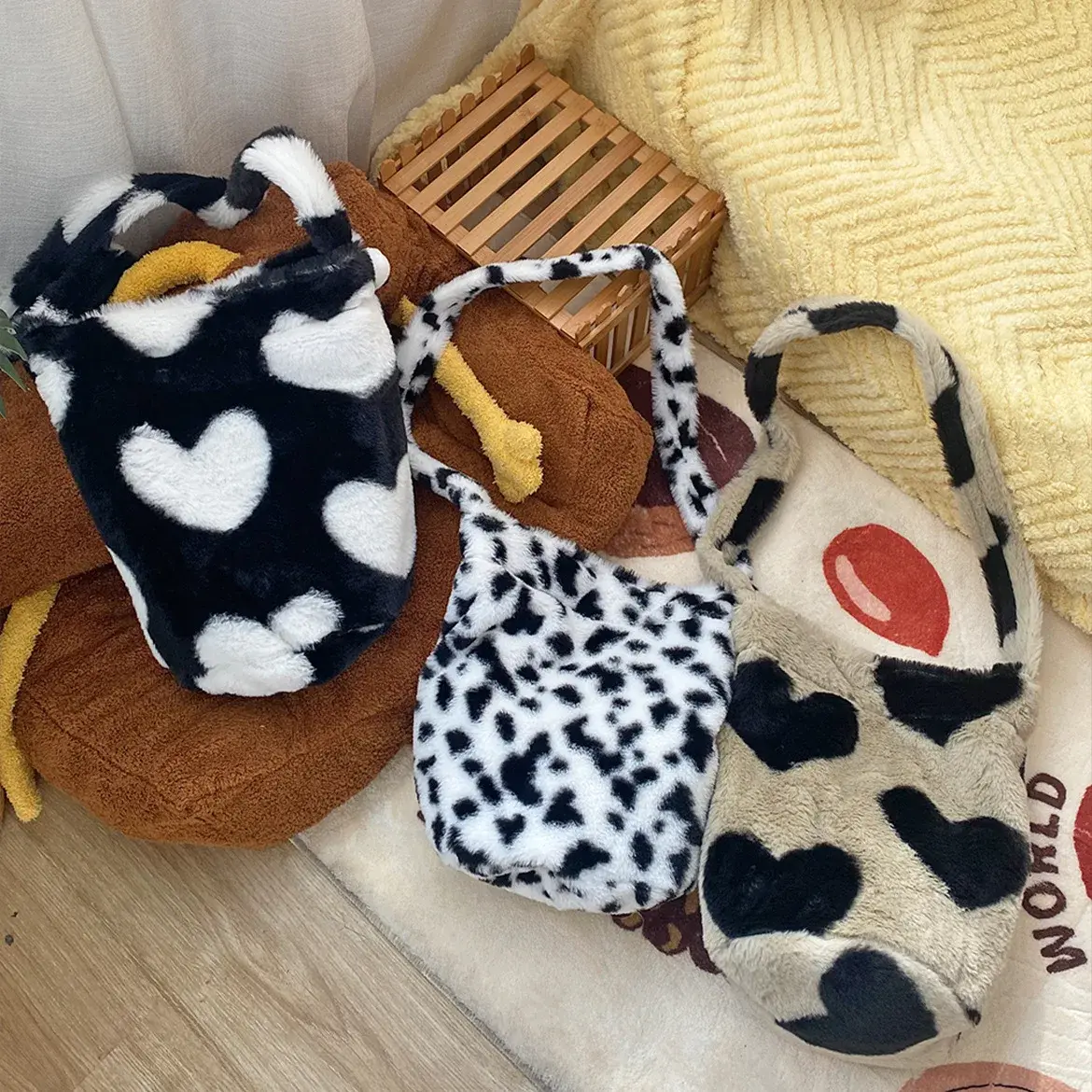 Contrast Color Love Heart Women's Bucket Shoulder Bags Winter Fashion Plush Ladies Crossbody Bag Leopard Print Female Handbags