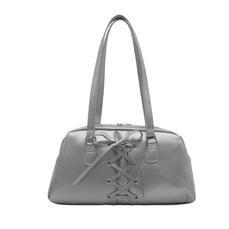 Retro Lace-up Bow Design Shoulder Bags for Women Commuter Ladies Underarm Pillow Bag Solid Color Large Capacity Female Tote