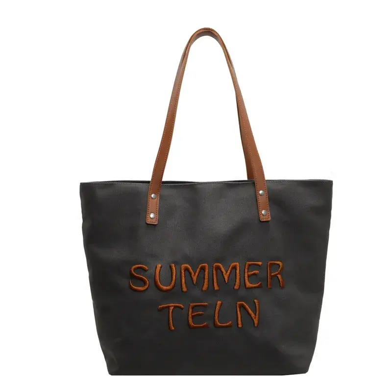 College Girls Female Tote Summer Letter Embroidery Ladies Travel Handbags Simple Large Capacity Women's Canvas Shoulder Bags
