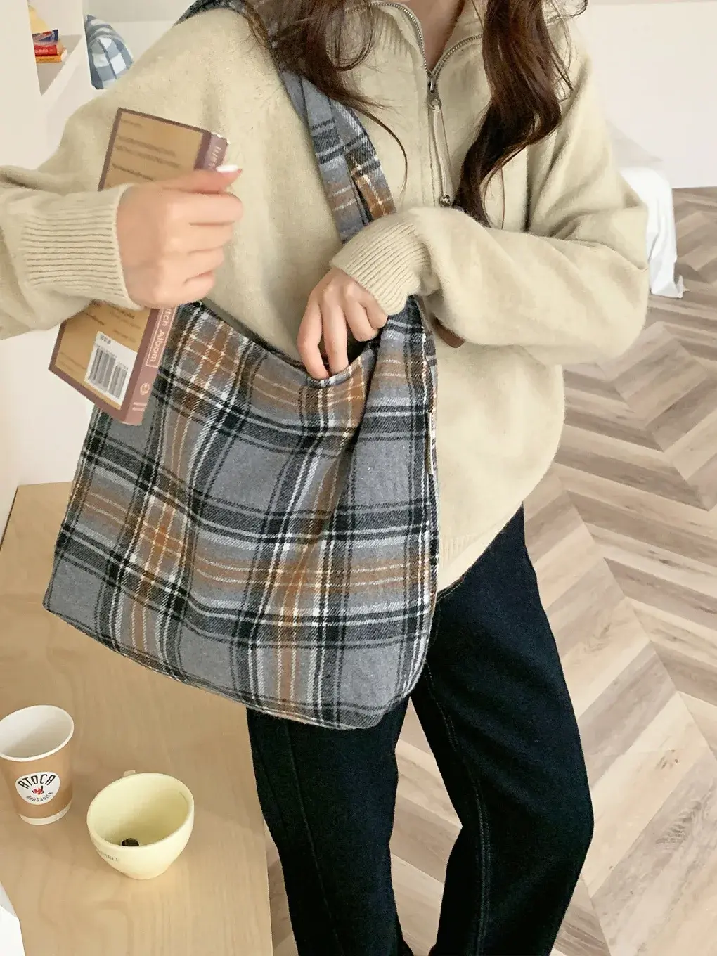 Vintage Woolen Plaid Women's Shoulder Bag Large Capacity Tote Bags Ladies Casual Shopping Travel Girls Underarm Handbag Purse