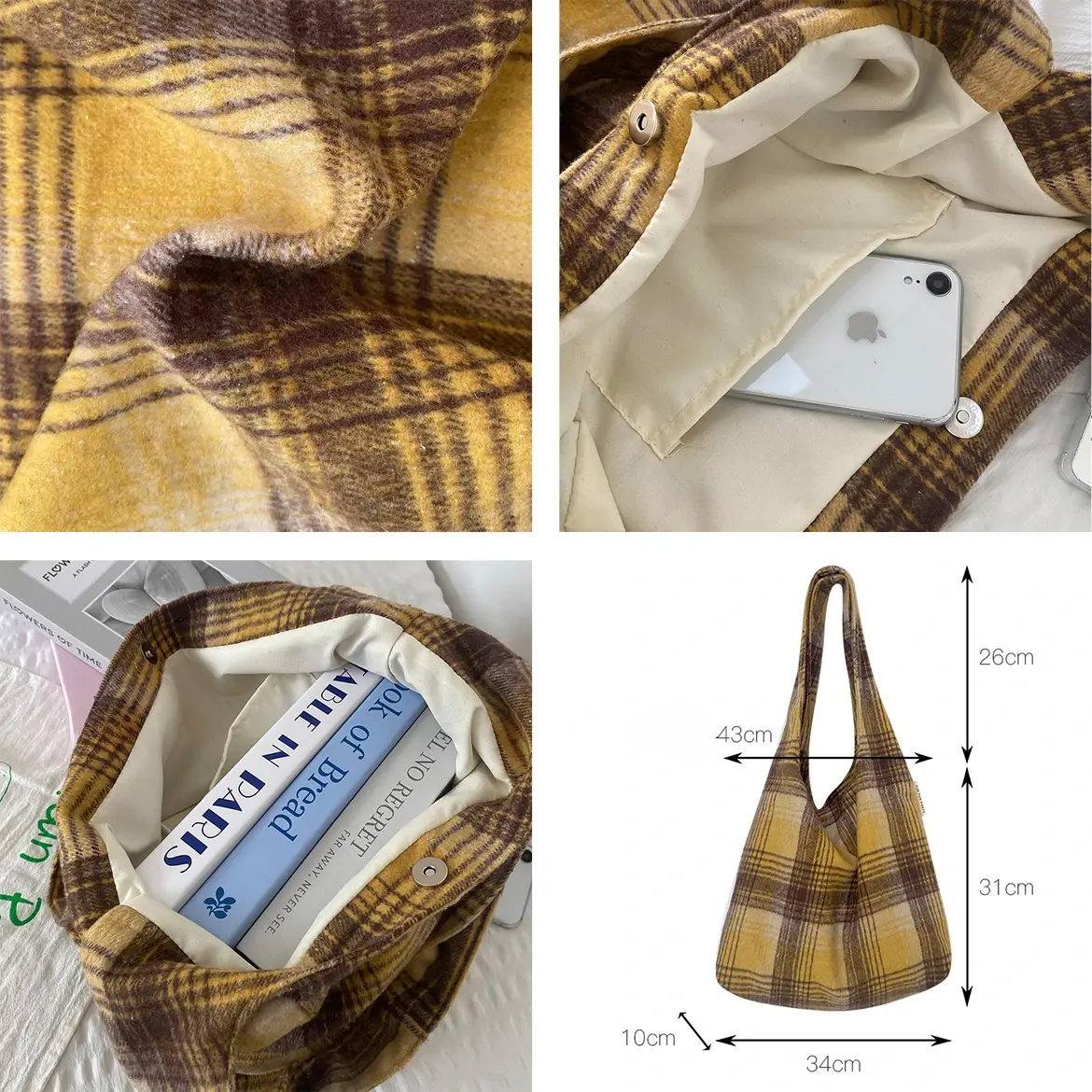 Vintage Woolen Plaid Women's Shoulder Bag Large Capacity Tote Bags Ladies Casual Shopping Travel Girls Underarm Handbag Purse