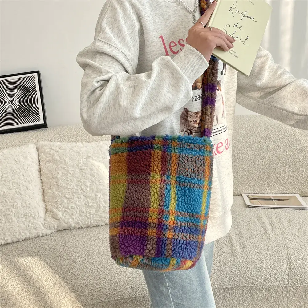 Faux Lamb Wool Bucket Messenger Bag Women's Vintage Plaid Floral Shoulder Bags Ladies Soft Plush Large Capacity Handbags Female