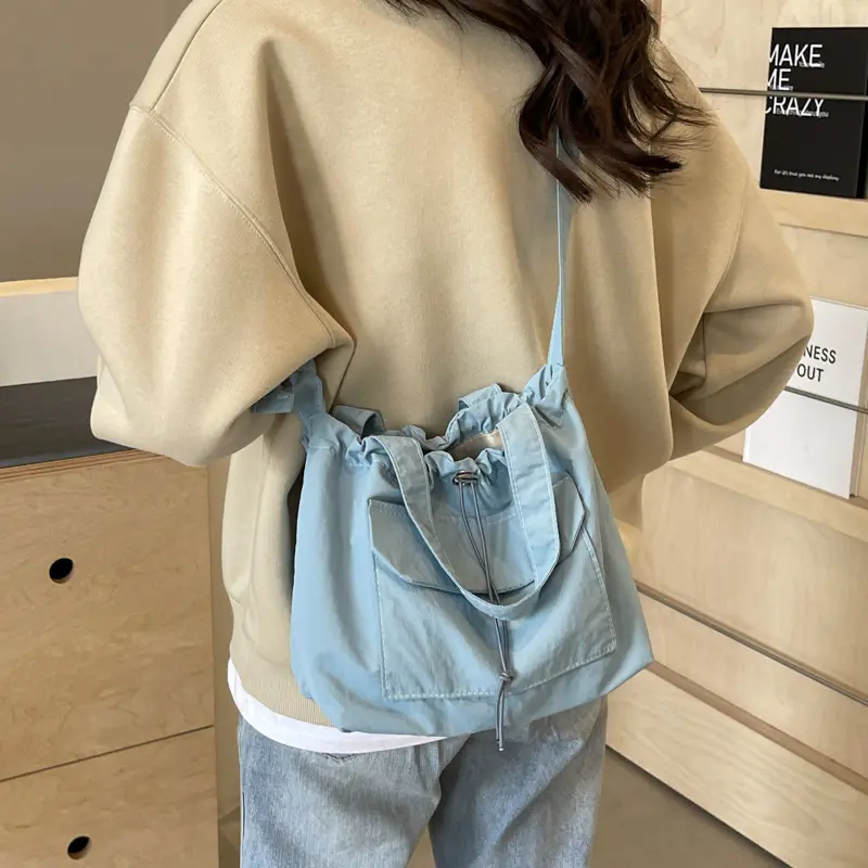 Casual Drawstring Bucket Shoulder Bags for Women Portable Nylon Ladies Handbags Tote Simple Solid Color Female Messenger Bag