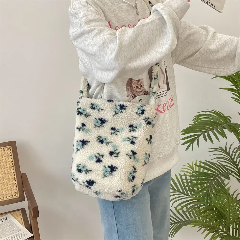 Faux Lamb Wool Bucket Messenger Bag Women's Vintage Plaid Floral Shoulder Bags Ladies Soft Plush Large Capacity Handbags Female