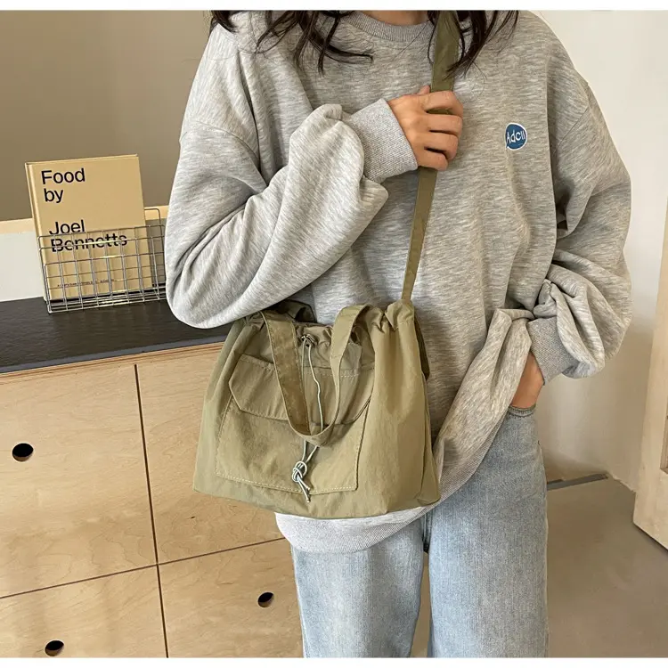 Casual Drawstring Bucket Shoulder Bags for Women Portable Nylon Ladies Handbags Tote Simple Solid Color Female Messenger Bag