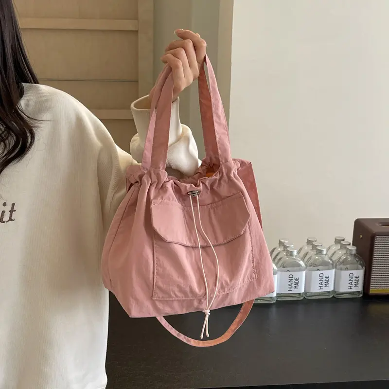 Casual Drawstring Bucket Shoulder Bags for Women Portable Nylon Ladies Handbags Tote Simple Solid Color Female Messenger Bag