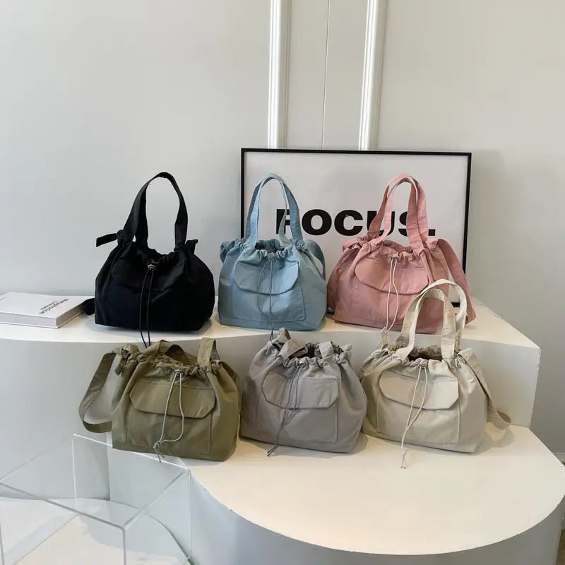 Casual Drawstring Bucket Shoulder Bags for Women Portable Nylon Ladies Handbags Tote Simple Solid Color Female Messenger Bag