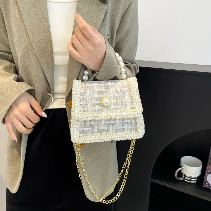 Elegant Beading Chain Ladies Handbags Fashion Plaid Women's Shoulder Bags Small Square Crossbody Bag Simple Female Tote Purse