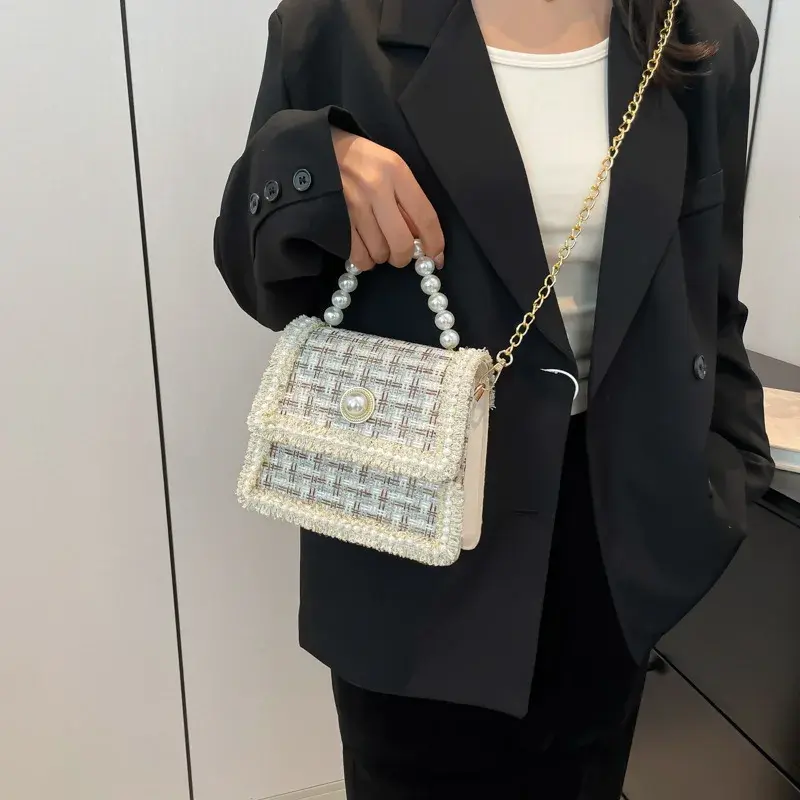 Elegant Beading Chain Ladies Handbags Fashion Plaid Women's Shoulder Bags Small Square Crossbody Bag Simple Female Tote Purse