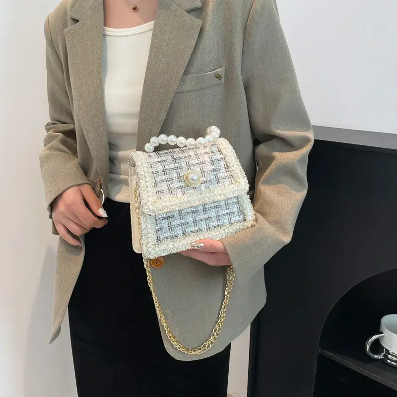 Elegant Beading Chain Ladies Handbags Fashion Plaid Women's Shoulder Bags Small Square Crossbody Bag Simple Female Tote Purse
