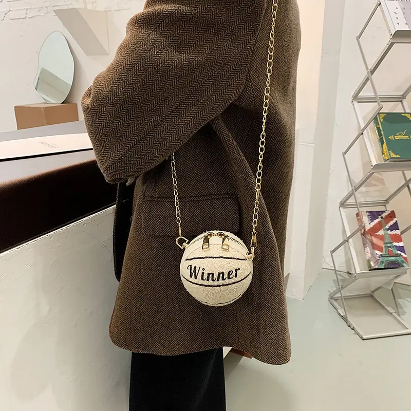 Mini Ball Coin Purse Women's Crossbody Bags Letter Print Plush Female Chain Shoulder Bag Circular Girls Small Handbags Clutch