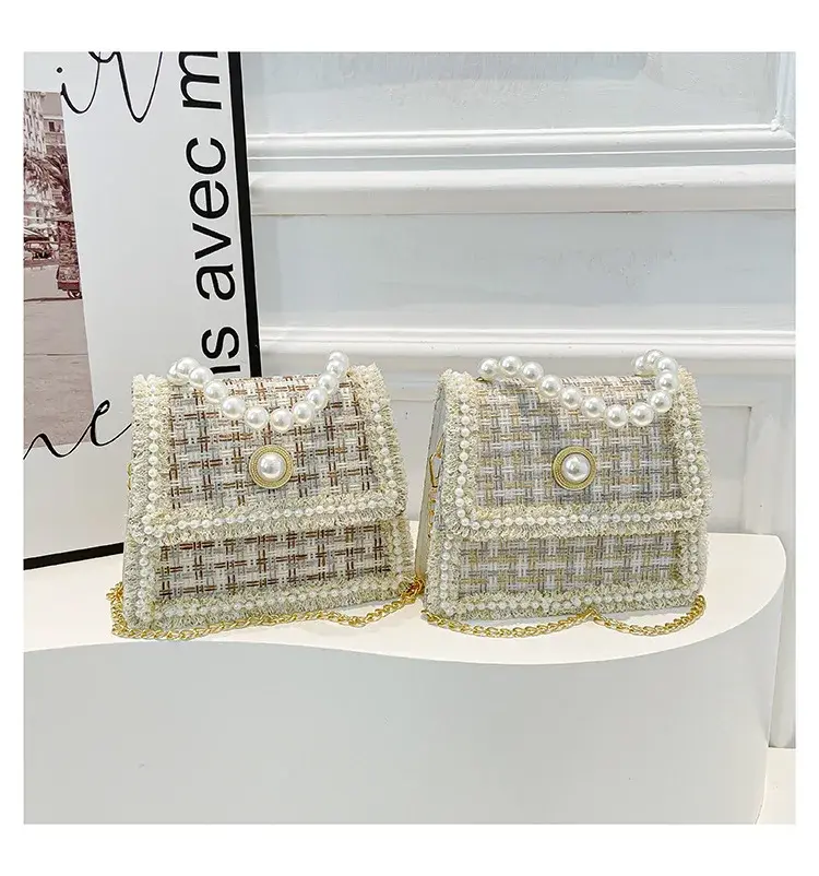 Elegant Beading Chain Ladies Handbags Fashion Plaid Women's Shoulder Bags Small Square Crossbody Bag Simple Female Tote Purse