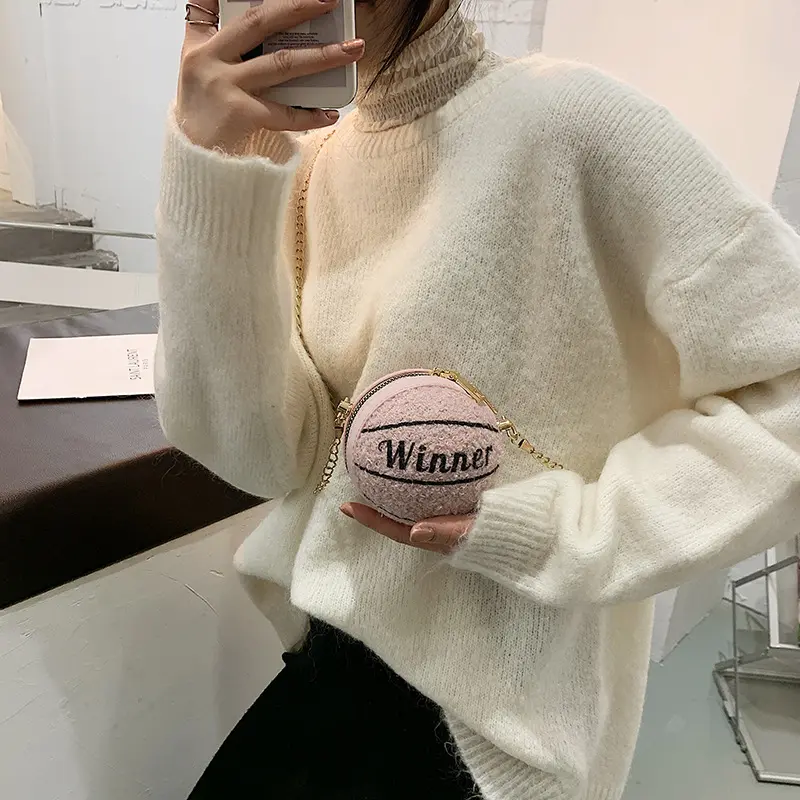 Mini Ball Coin Purse Women's Crossbody Bags Letter Print Plush Female Chain Shoulder Bag Circular Girls Small Handbags Clutch