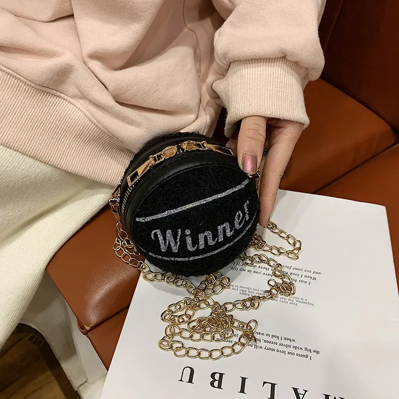 Mini Ball Coin Purse Women's Crossbody Bags Letter Print Plush Female Chain Shoulder Bag Circular Girls Small Handbags Clutch