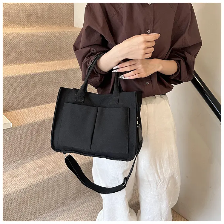 Large Capacity Women's Canvas Crossbody Bags Casual College Commuter Ladies Pocket Shoulder Bag Solid Color Female Tote Handbags