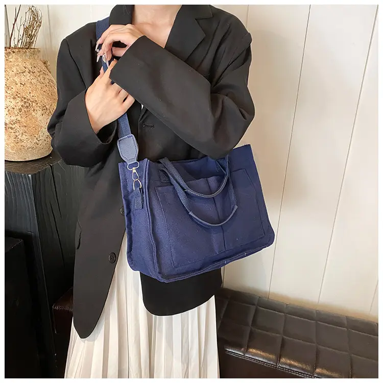 Large Capacity Women's Canvas Crossbody Bags Casual College Commuter Ladies Pocket Shoulder Bag Solid Color Female Tote Handbags