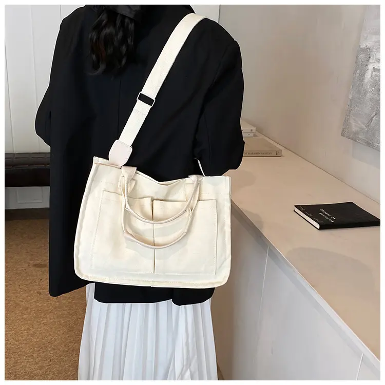Large Capacity Women's Canvas Crossbody Bags Casual College Commuter Ladies Pocket Shoulder Bag Solid Color Female Tote Handbags