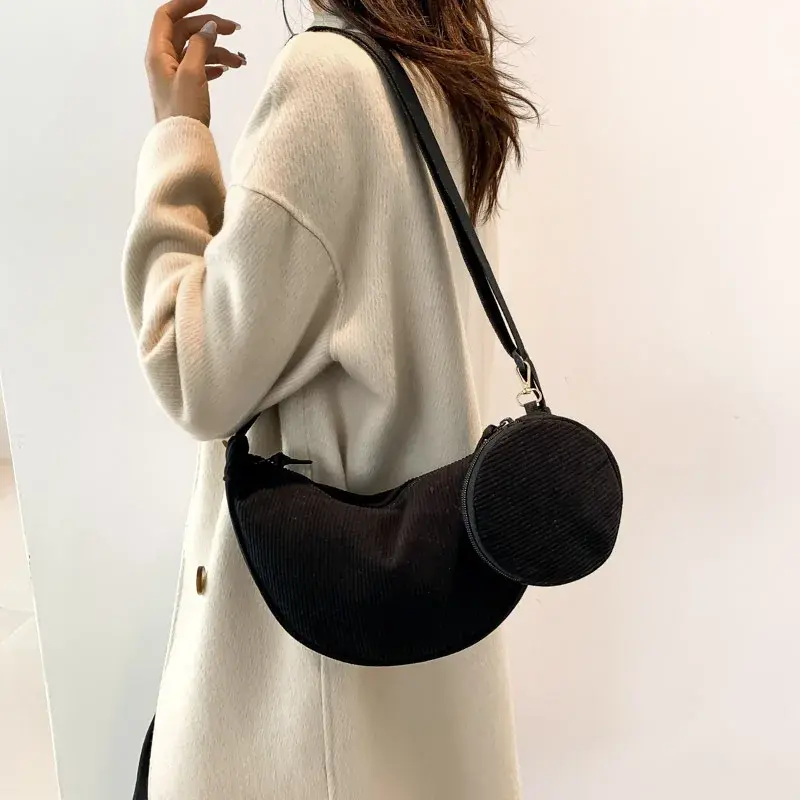 Casual Corduroy Women's Hobos Handbags Simple Design Ladies Underarm Shoulder Bags Solid Color Female Messenger Bag with Purse
