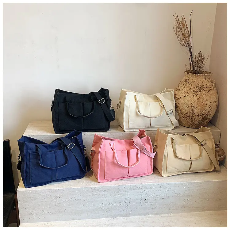 Large Capacity Women's Canvas Crossbody Bags Casual College Commuter Ladies Pocket Shoulder Bag Solid Color Female Tote Handbags