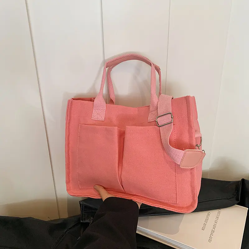 Large Capacity Women's Canvas Crossbody Bags Casual College Commuter Ladies Pocket Shoulder Bag Solid Color Female Tote Handbags