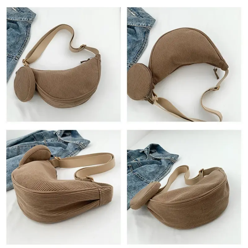 Casual Corduroy Women's Hobos Handbags Simple Design Ladies Underarm Shoulder Bags Solid Color Female Messenger Bag with Purse